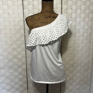 Ann‎ Taylor LOFT One Shoulder Top Eyelet Ruffle White Asymmetric Cotton Size XL